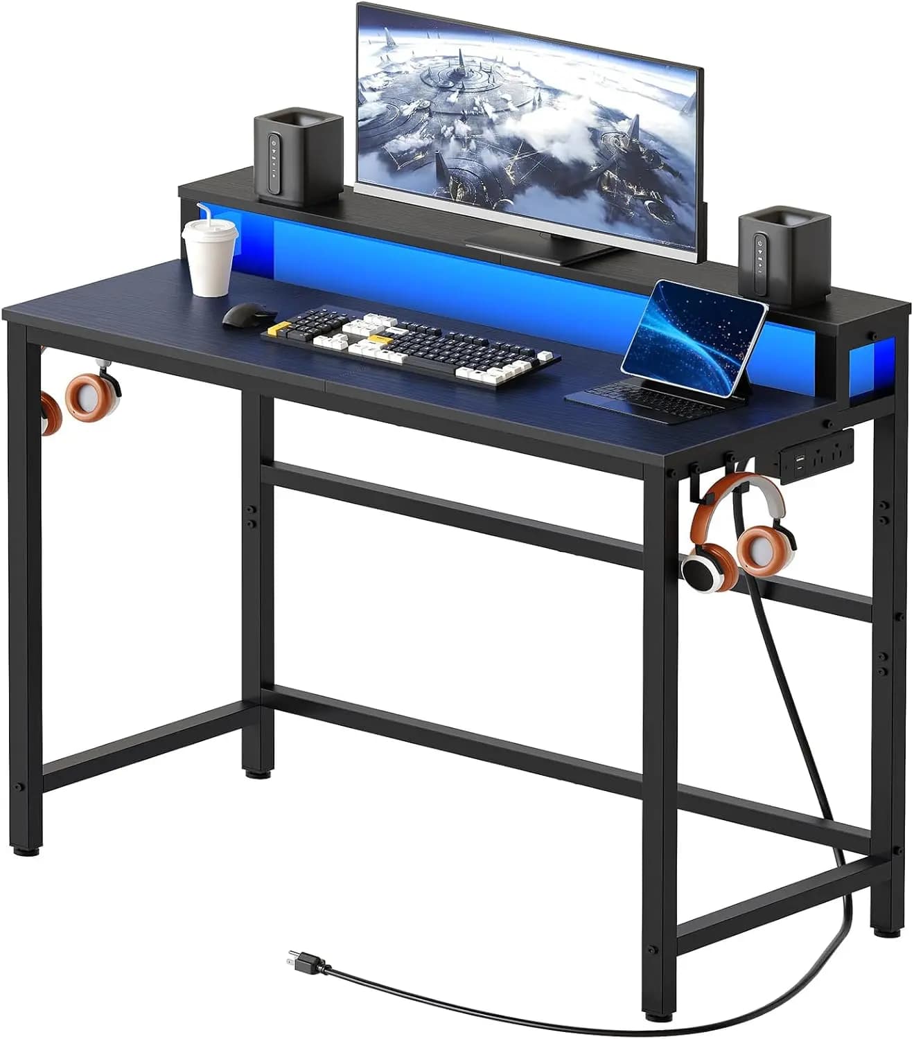 Piccola scrivania per computer con stazione di ricarica, luci LED, supporto per monitor, scrivania a 2 livelli per ufficio domestico o soggiorno