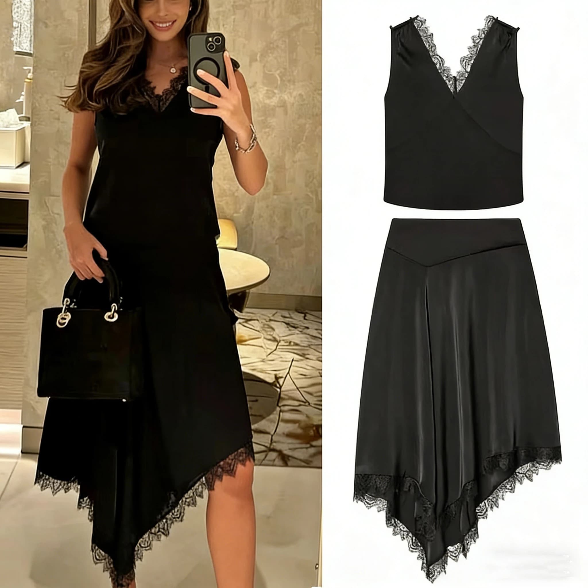 Women Elegant Black Satin Lace Dress Sets Summer Chic V-neck Sleeveless Top+Irregular Hem Skirt 2 Piece Set Office Lady Outfits