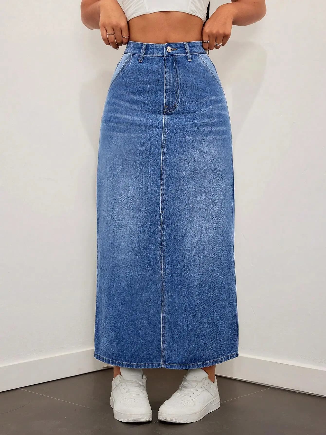 Gonna lunga in denim lavato a taglio dritto con cucitura frontale e vita alta
