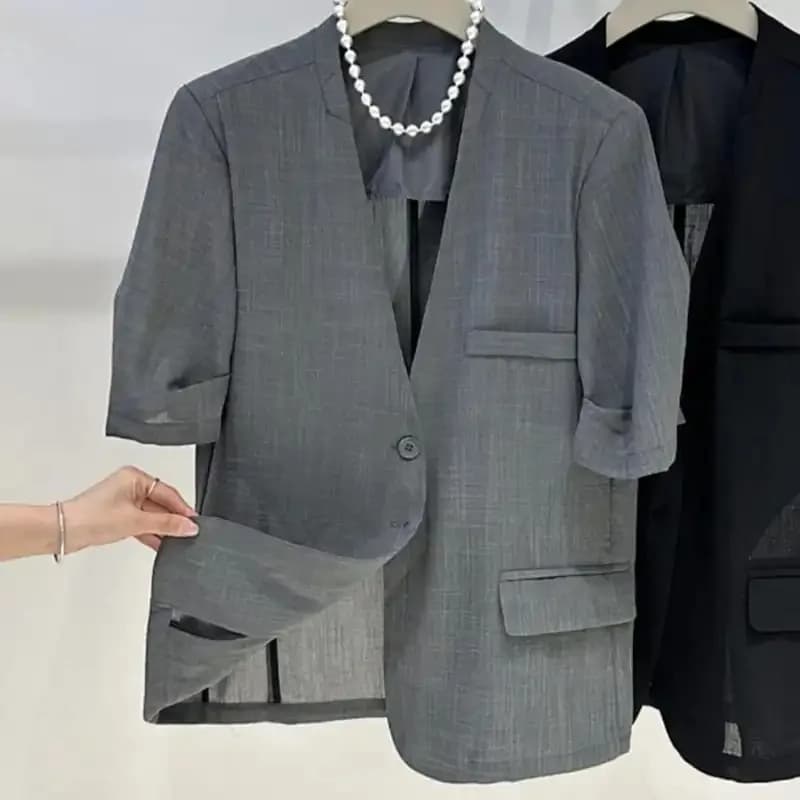Womens Lightweight Half Sleeve Blazer Collarless One Button Open Front Casual Office Jacket With Pockets
