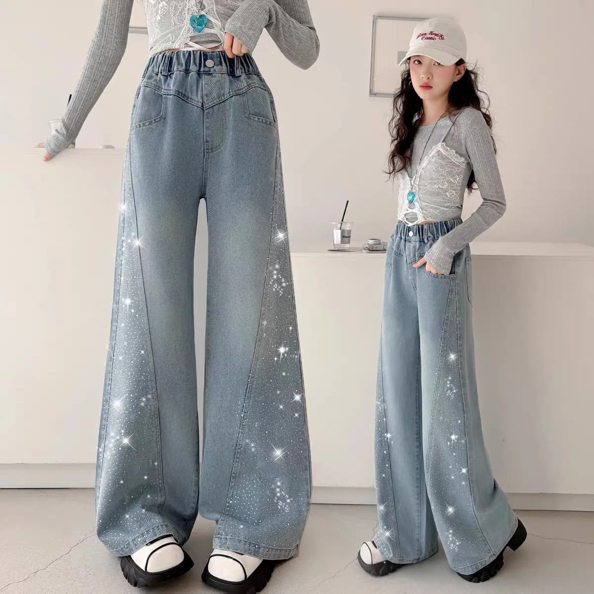 Nuovi Jeans Larghi da Ragazza 2026, Pantaloni in Denim a Vita Alta con Glitter e Strass, Casual Primaverili per Adolescenti