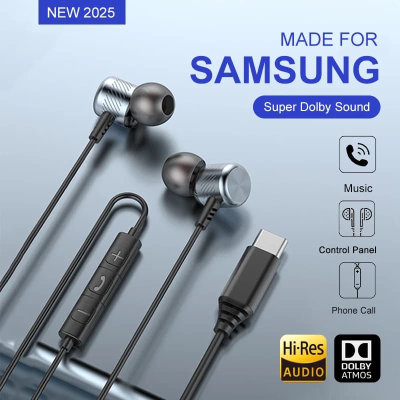 USB cable earphones C Dolby Sound In-ear with microphone Type C 3.5 mm musical wired headphones for Samsung Galaxy S25 S24 S23 Ultra Series