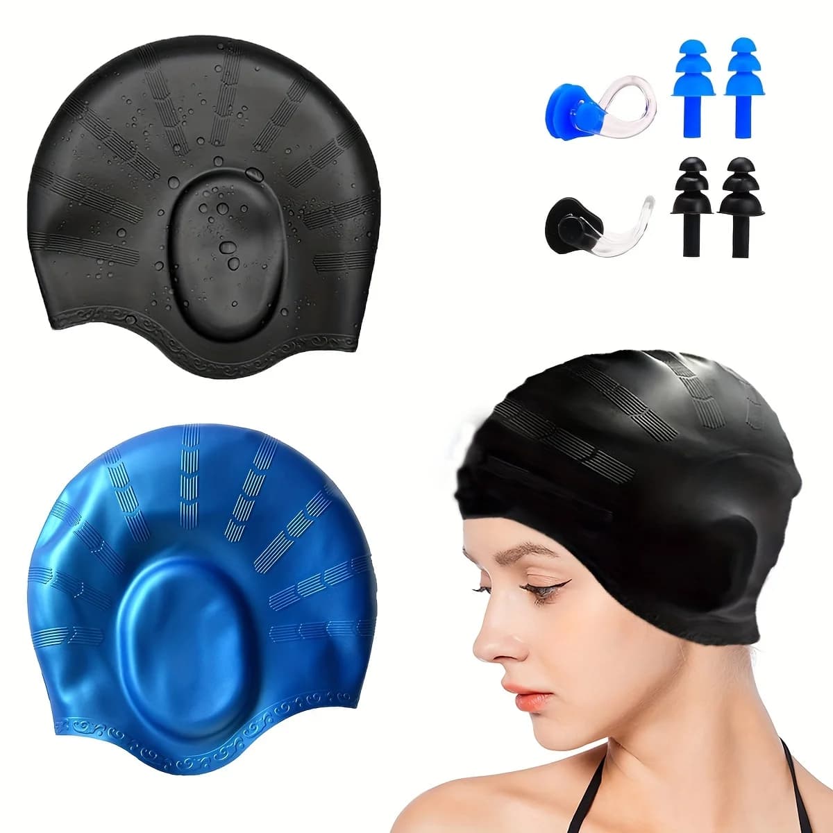 Cuffie da Nuoto in Silicone 3D Fit, Impermeabili, Confezione da 2 per Capelli Lunghi, Nero e Blu + Tappi per le Orecchie