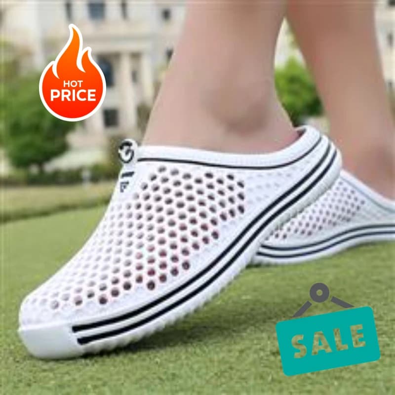 Men Women Hollow Out Half Slide Clogs, White Double Black Stripes, Soft EVA Non Slip Slippers Beach Walking Daily Footwear