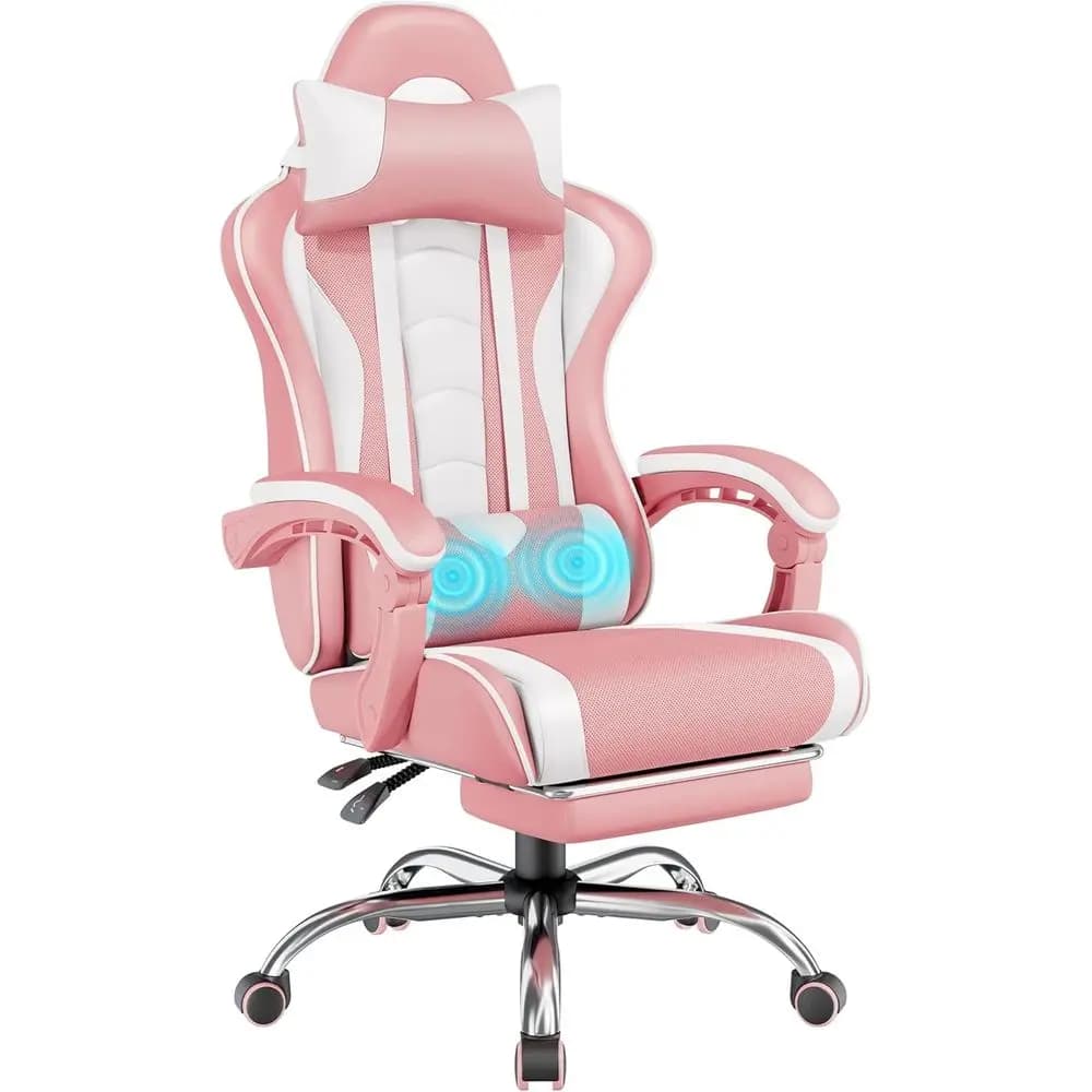 Sedia da Gaming Ergonomica Girevole con Massaggio, Supporto Lombare e Altezza Regolabile, Rosa/Bianco