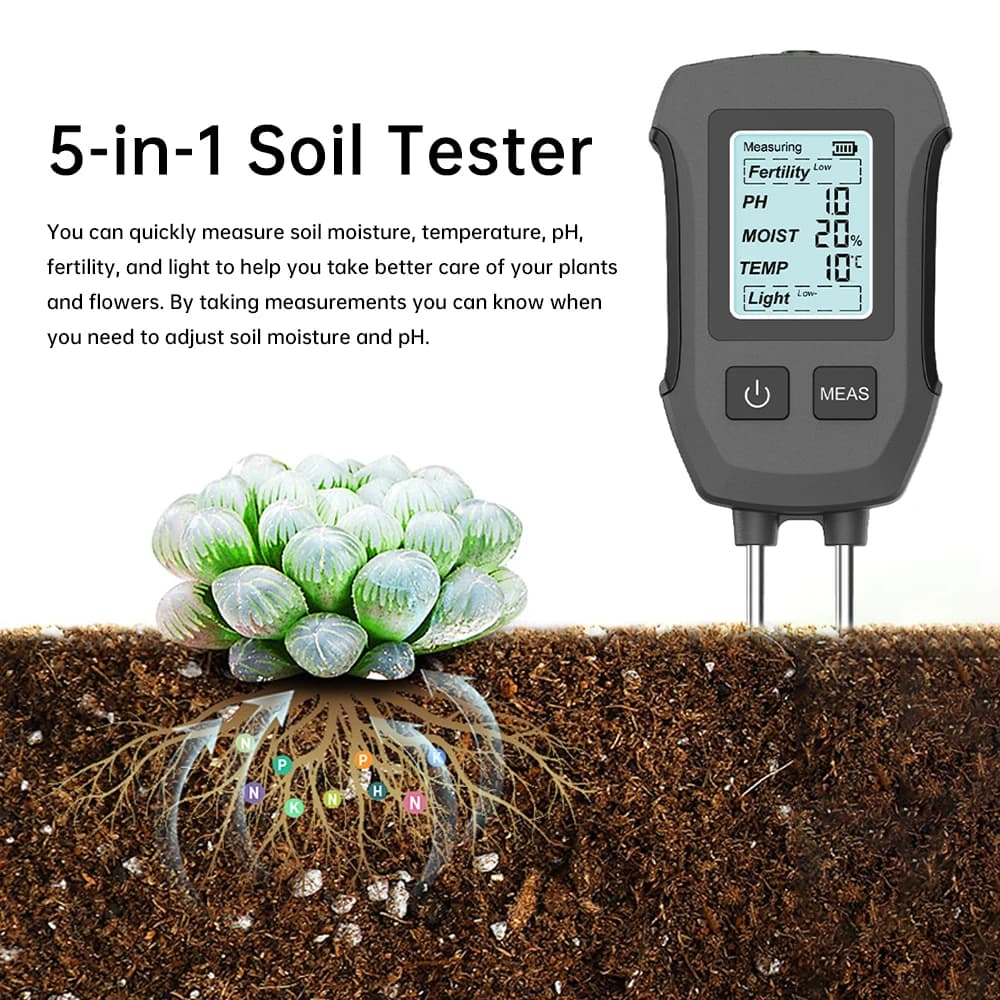5 in 1 Digital LCD Soil Meter PH/Moisture/Temperature/Nutrient/Sunlight Soil Tester with Backlight for House Plants Garden Lawn