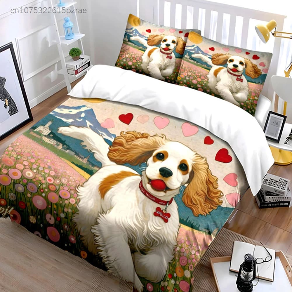 Cute Cavalier King Charles Spaniel In Flower Field 3PCS Bedding Set Soft Bed Sheet Pillowcase Set For Dog Lovers Bedroom Decor