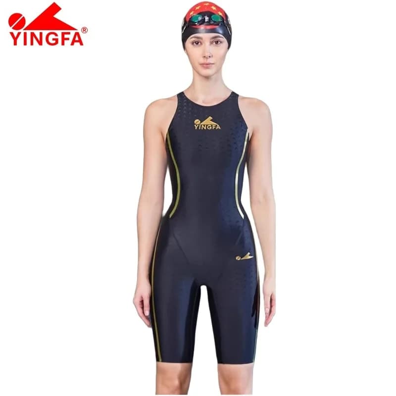 Yingfa Costume da bagno intero in pelle di squalo nero Costume da bagno da corsa al ginocchio Costume da bagno femminile Costumi da bagno sportivi professionali da donna