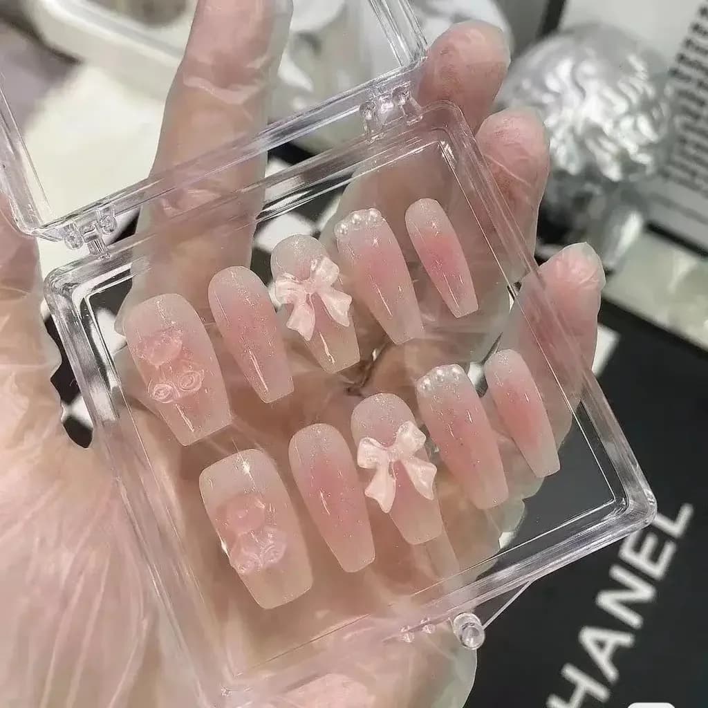 Cute pink bear handmade nail art with bow blush pearl gradient fake nail patch set 66 pieces