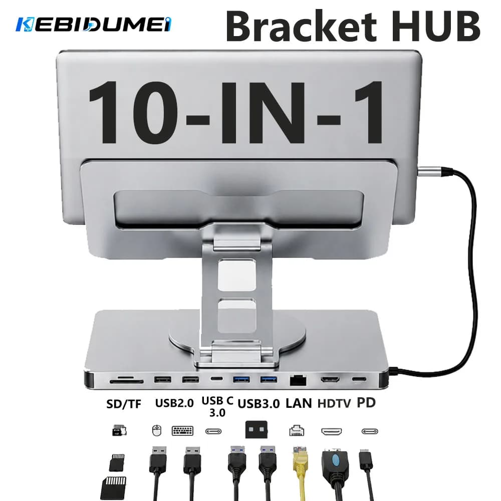 KEBIDUMEI 10 in 1 Laptop Bracket Docking Station USB3.0 PD100W HDMI 4K 60Hz Gigabit Network Card Reader Universal Rotating Stand