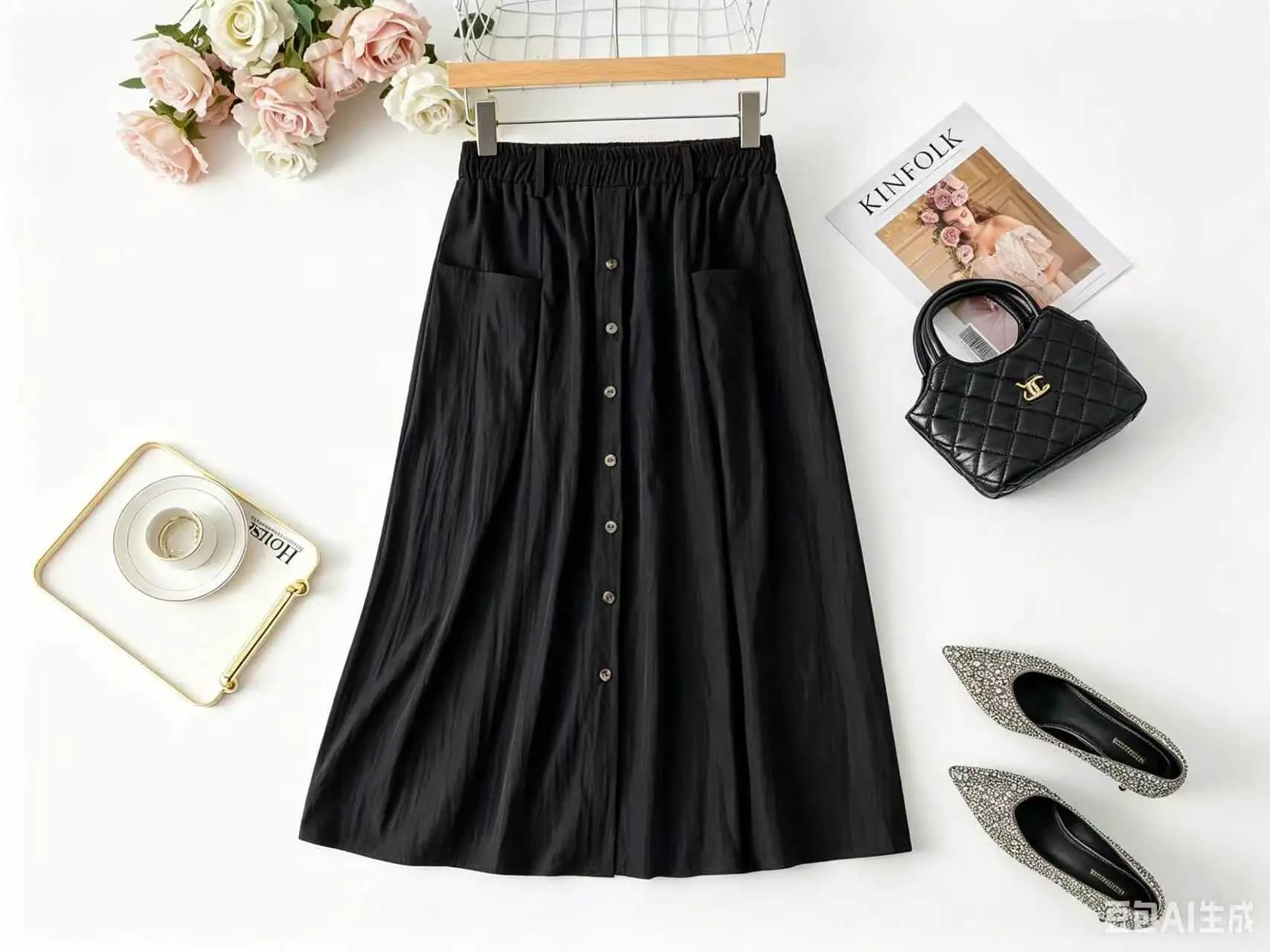 Women's Black High-Waisted Midi Skirt, New Summer Arrival, Elastic Waist for Slimming, A-Line Silhouette with Button Front and P