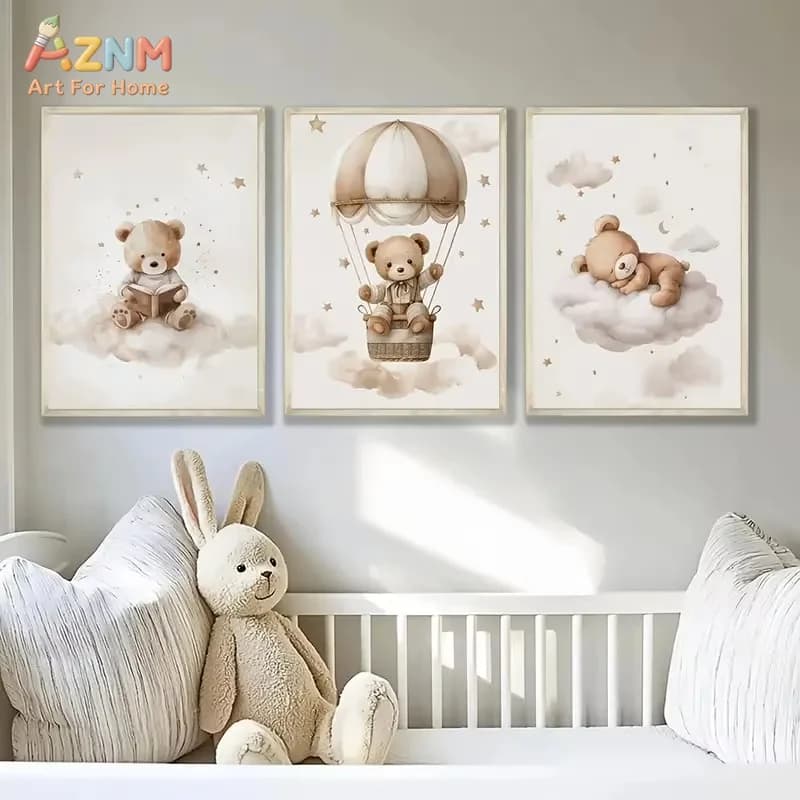 3pcs Bohemian Style Teddy Bear Animal Nursery Canvas Poster Stars Cloud Bears Wall Art Prints Modern Living Room Home Decor