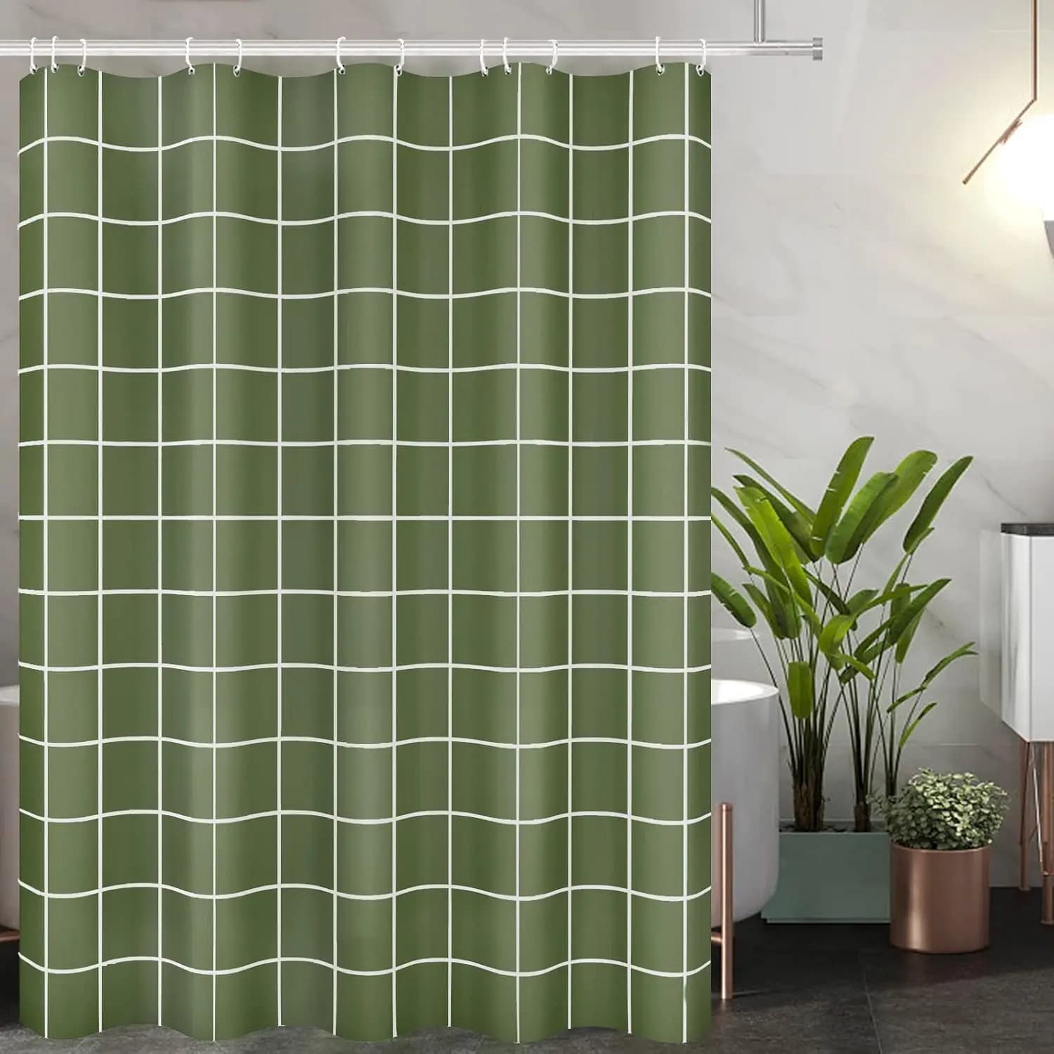 Minimalist Green Plaid Shower Curtain, Water-Repellent Polyester Bath Curtain with Hooks, Simple Grid Curtain Home Bathroom Use