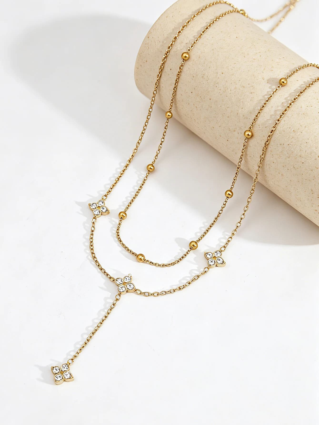 1PC Gentle Delicate Elegant Necklace For Women,18K Gold Plated Stainless Steel Y-Shape Double Layer Necklace With Zircon Flower