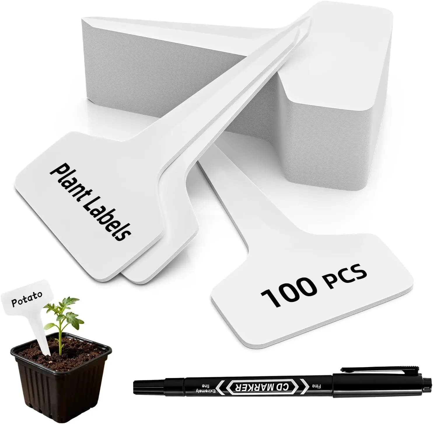 100 Etichette per Piante da 4 Pollici con Pennarello, Targhette da Giardino Impermeabili a T per Semi, Fiori, Piantine di Verdure, Vivaio in Plastica
