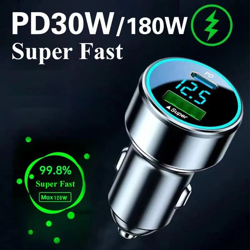 Adattatore per caricabatteria da auto USB C da 180W con Monitor di tensione ricarica Super veloce per telefoni Samsung iPhone iPad Huawei Oneplus OPPO VIVO