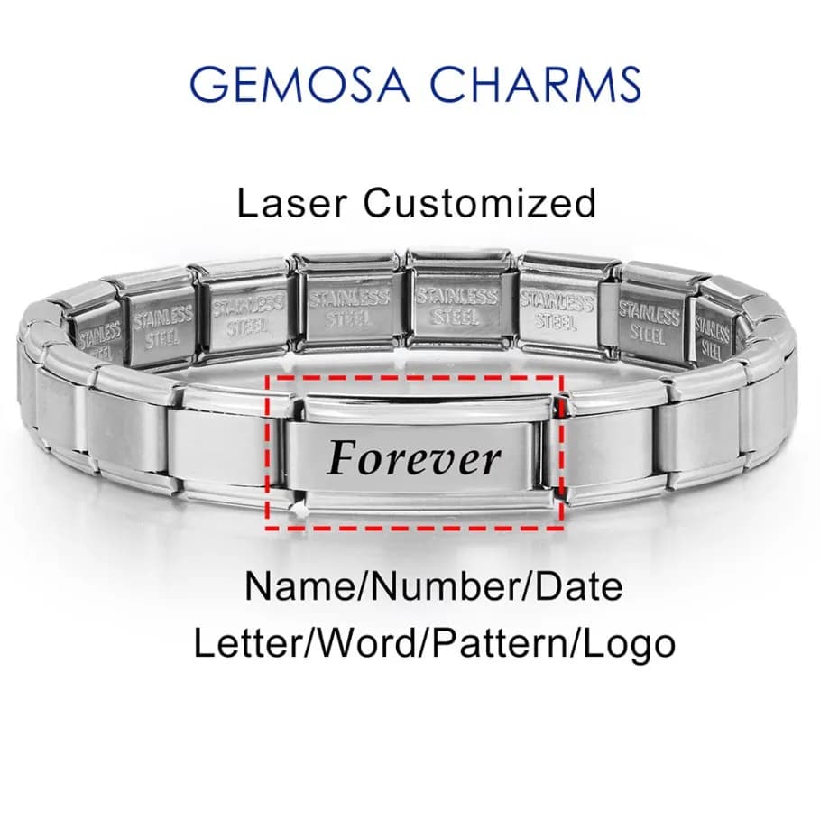 GEMOSA 1pc Personalizzazione Messaggio Logo Laser Personalizzazione sfusa Collegamento di fascino italiano Misura bracciale in acciaio inossidabile da 9 mm Perline fai da te