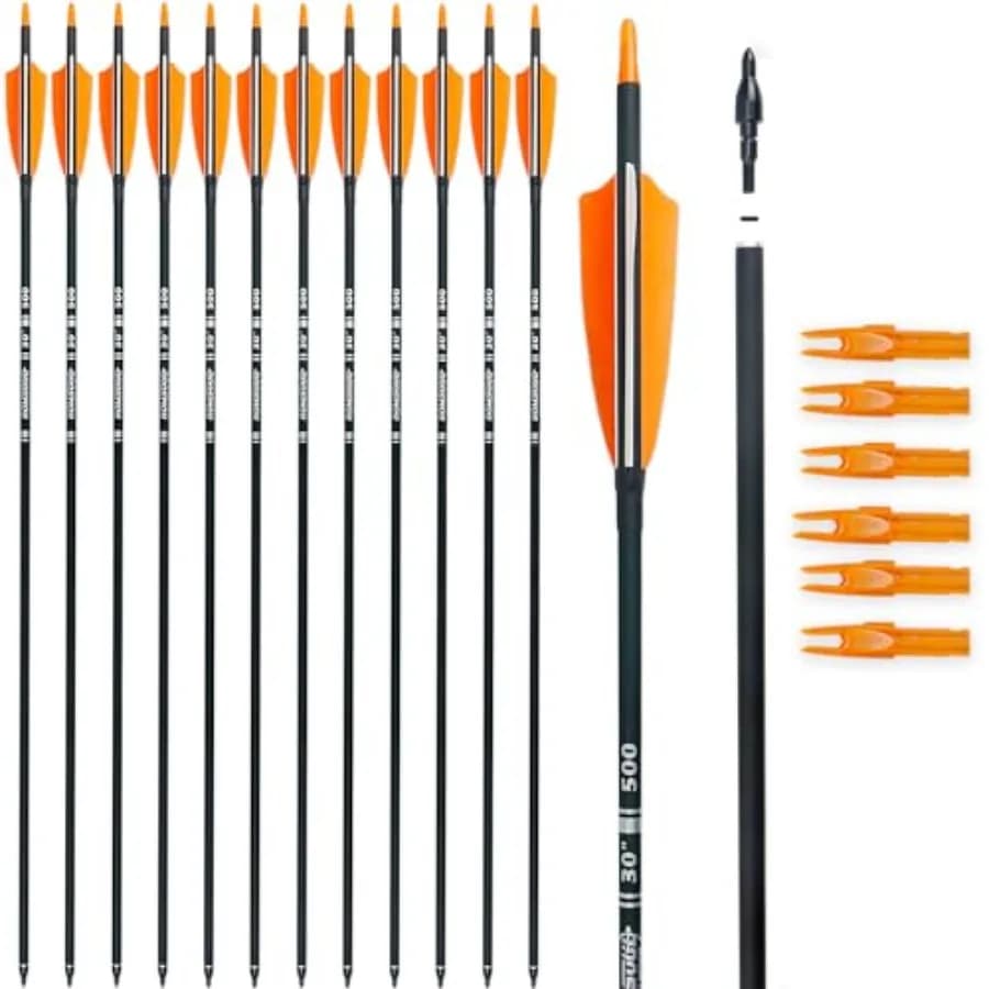 Frecce in carbonio da 30 pollici per tiro con l'arco, pratica e caccia, con alette in piuma di tacchino da 4 pollici, Spine 500, per arco tradizionale (12 pezzi)