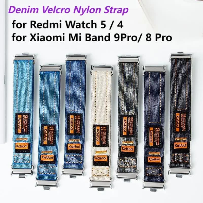 Cinturino in Denim con Velcro e Nylon per Redmi Watch 6/5/4, Braccialetto Sostituibile per Xiaomi Mi Band 9 Pro/8 Pro, Regolabile da Polso