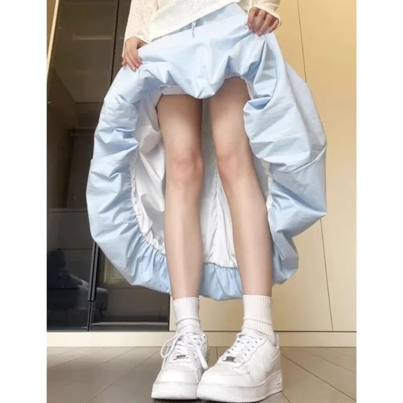 Hot Sale Summer Girls Solid Ruched Mid-Long Skirts Female Classic Korean High Waist Dress Lady Fashion Baggy Thin Skirts