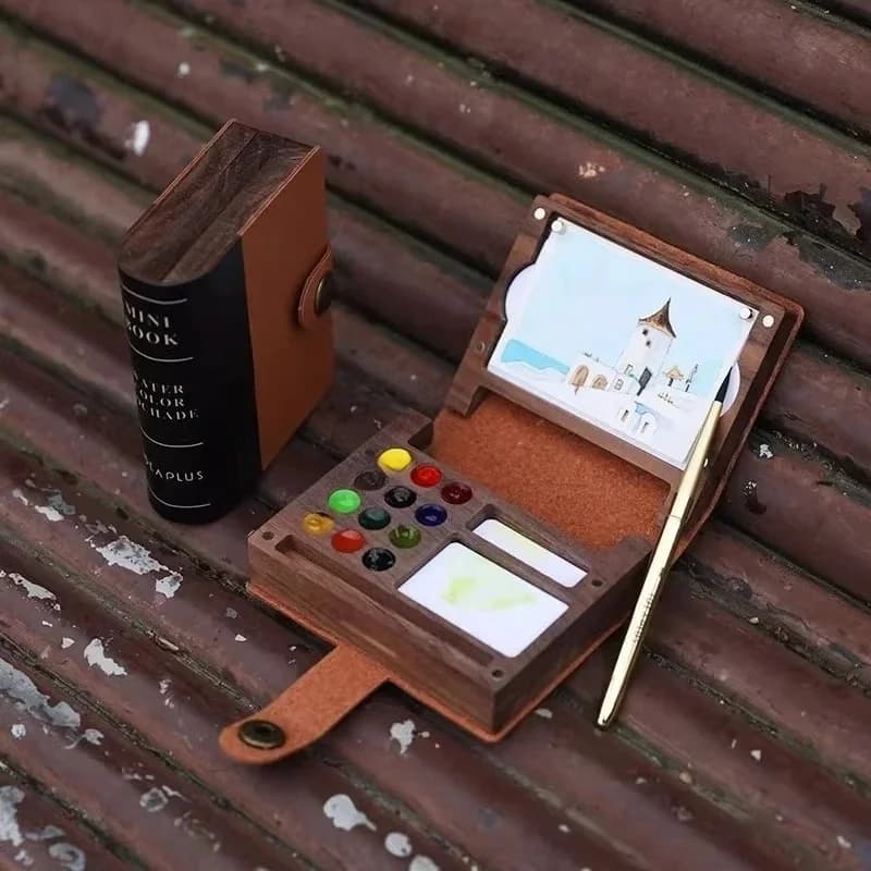 12-grid Walnut Wood Watercolor Palette Portable Box Brush/paper Travel Set Artist Student Sketching Outdoor Painting Supplies