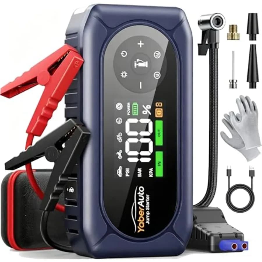 Avviatore di Emergenza con Compressore d'Aria 4500A 150PSI, Avviatore Portatile per Batteria Auto 9L Benzina/8L Diesel 12V