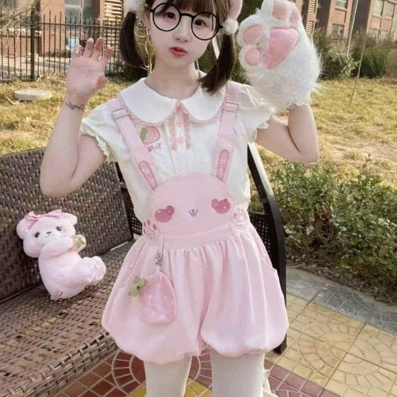 Pantaloncini stile Lolita carino giapponese Kawaii Set camicia da donna dolce fragola tuta casual pantaloncini Bloomers gotico Y2k vestito rosa