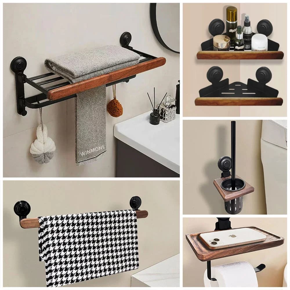 Solid Wood Towel Rack Set Walnut Towel Bar Roll Paper Holder Toilet Brush Corner Storage Rack Bathroom Accessories Hardware Suit