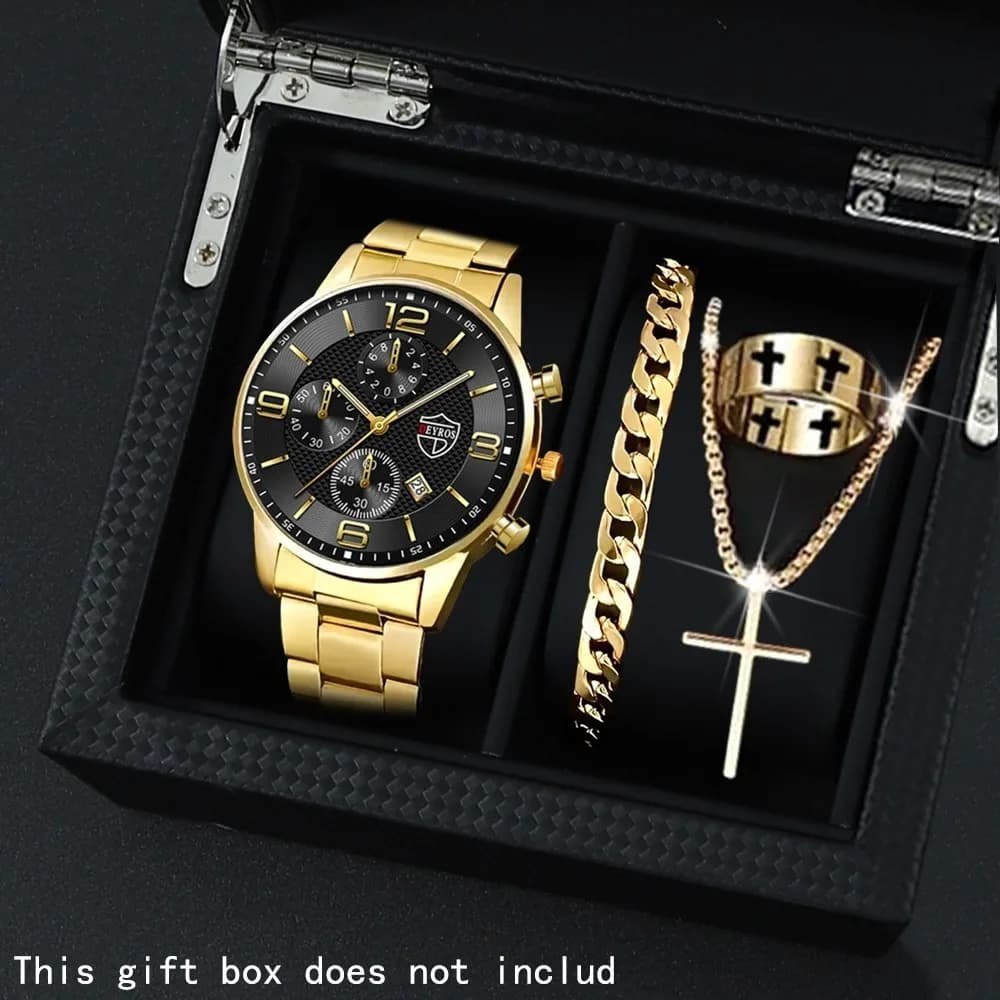 4 Pcs/set, Men's Watch Fashionable Watch Set Perfect for Daily Wear 1 pcWatch+1 pc Necklace+1pc Bracelet+1pc Ring, Gift for Men