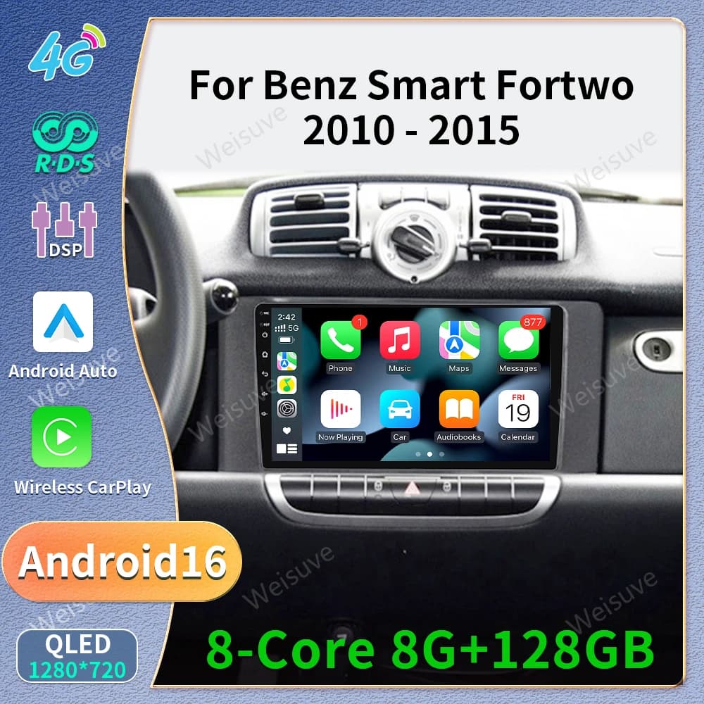 Wireless CarPlay Android Auto Radio for Mercedes Benz Smart Fortwo 451 2005 - 2015 Car Player GPS 2 din autoradio 5G DVD BT