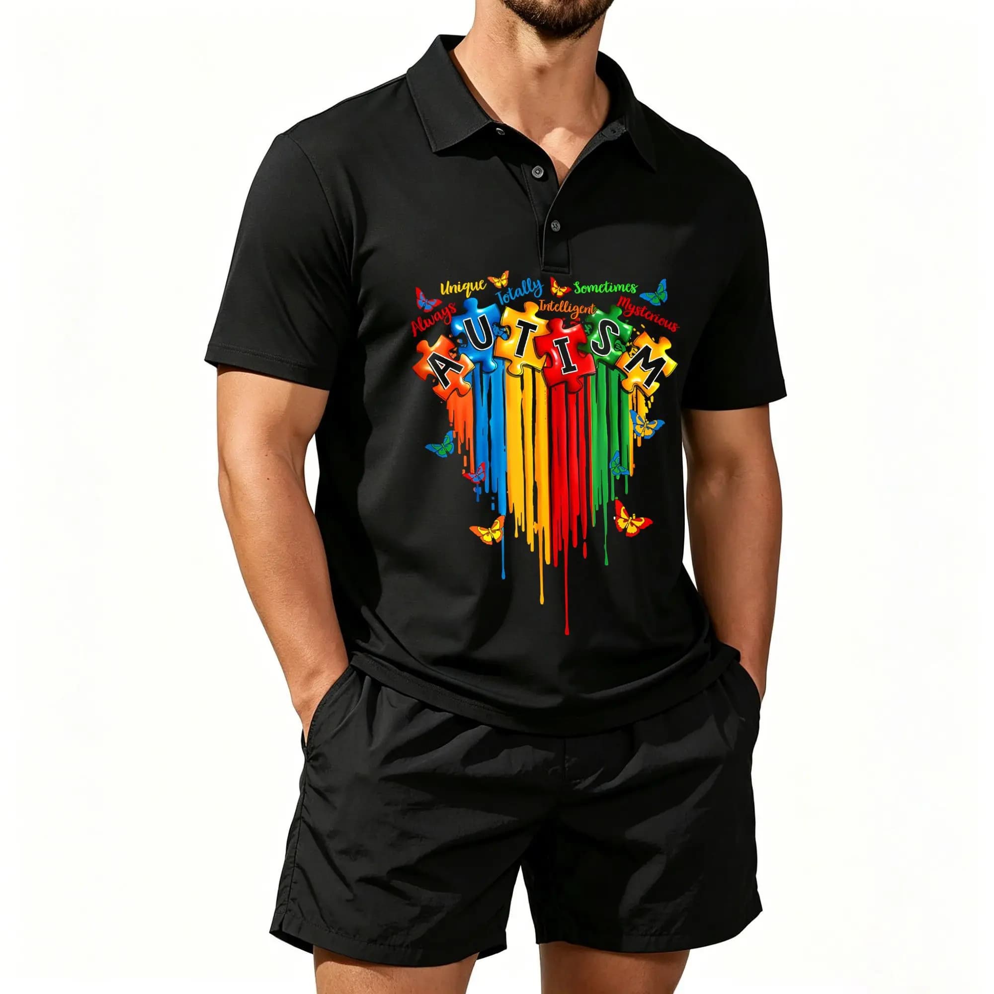 Men's Polo Shirt and Beach Shorts Set, Autism Puzzle Heart Logo, Autism Awareness Theme, Casual and Comfortable Fit, Well-Fitted Upper Body