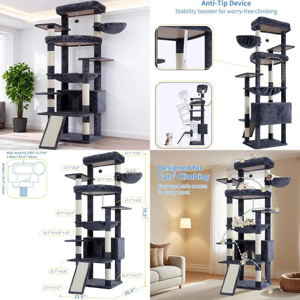 Torre per Gatti da Interno da 80 Pollici con Base Grande, 2 Posti Relax Imbottiti, Tiragraffi e Grotte, Grigio Fumo