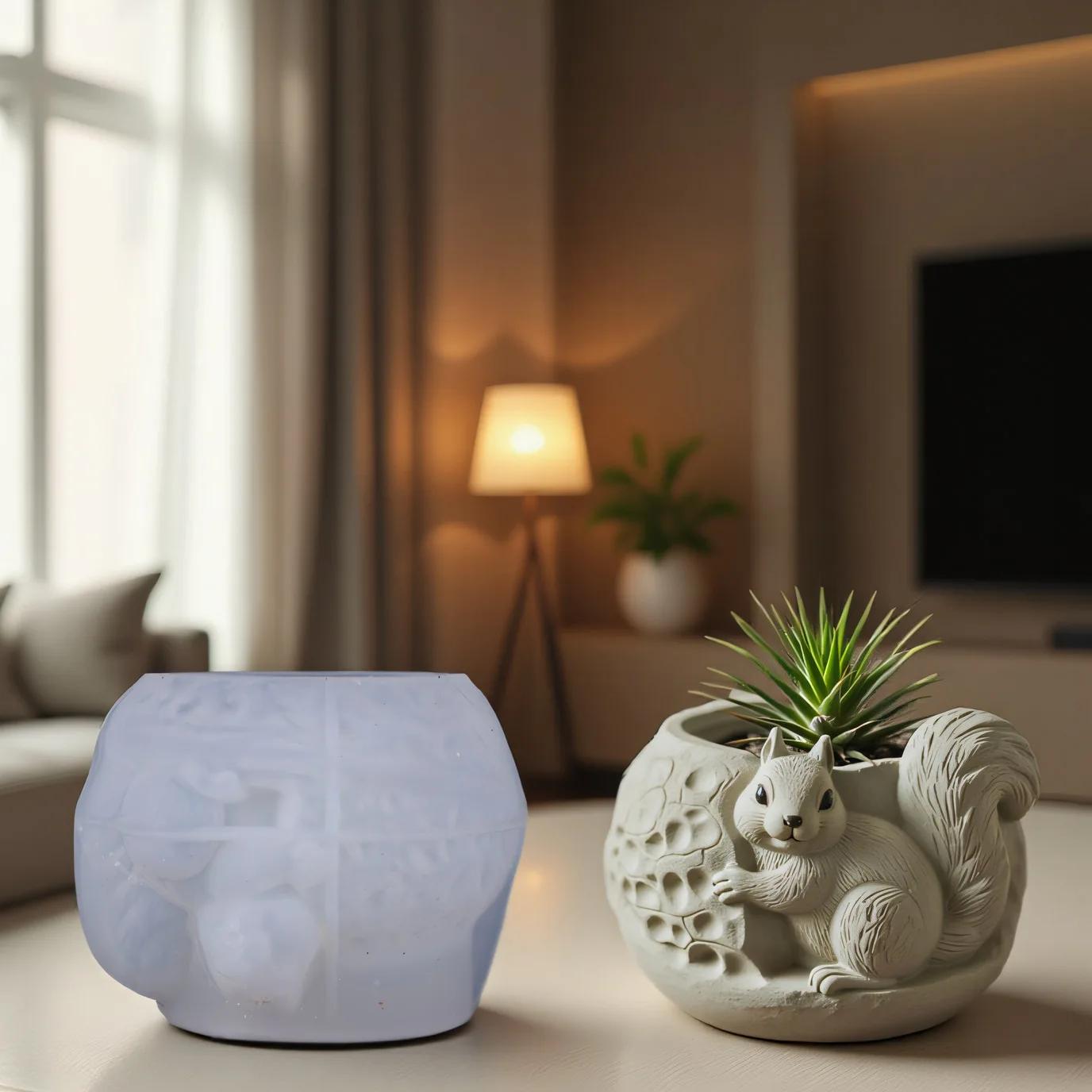 Stampo per vaso di fiori in rilievo scoiattolo Stampo per vaso di fiori per piante grasse fai-da-te Stampo in silicone per resina Stampo per tazza di candela per vaso di cemento in gesso