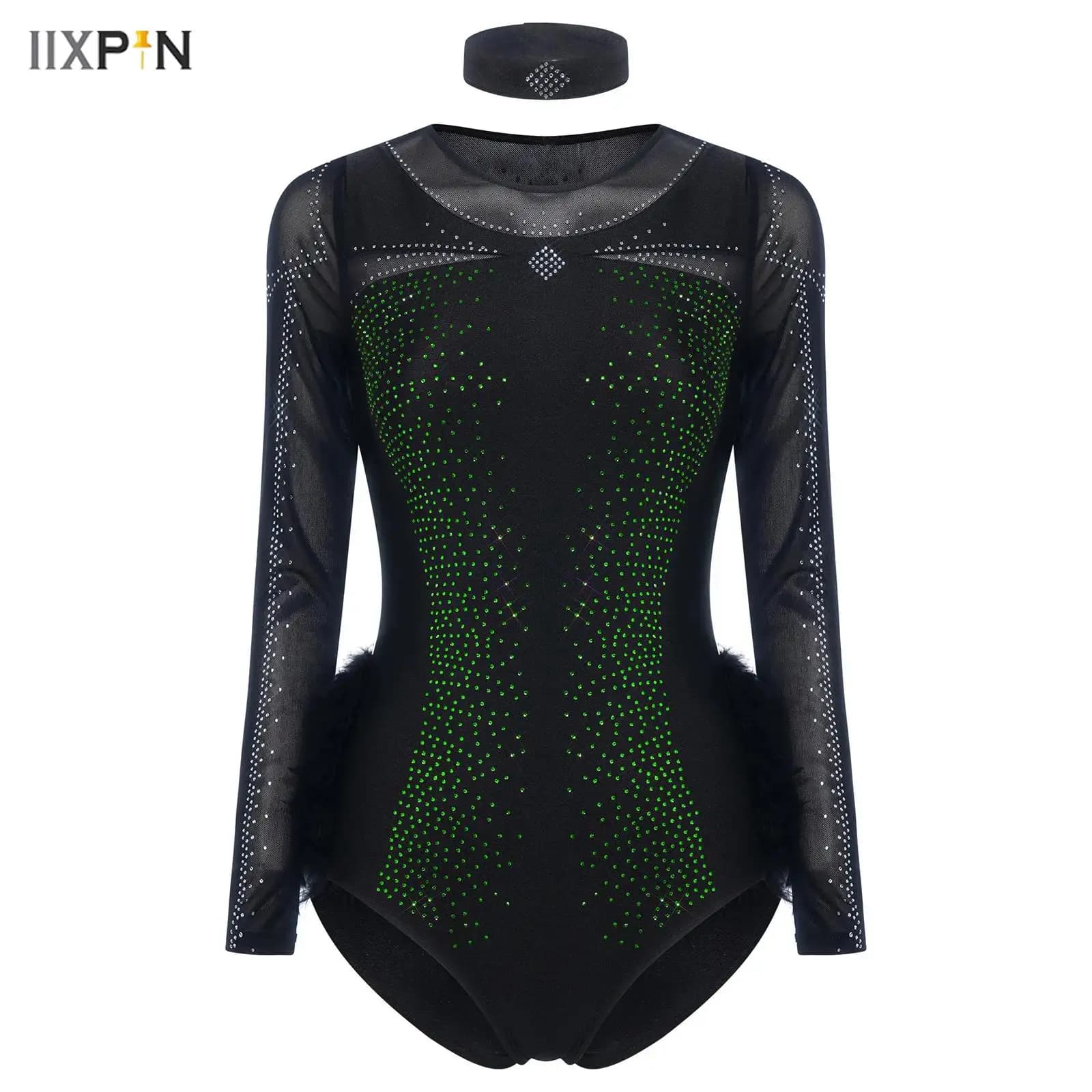 Body da Pattinaggio Artistico con Piume per Donna, Costume da Ginnastica Ritmica, Abito da Spettacolo con Strass per Danza Classica, Latina e Tango