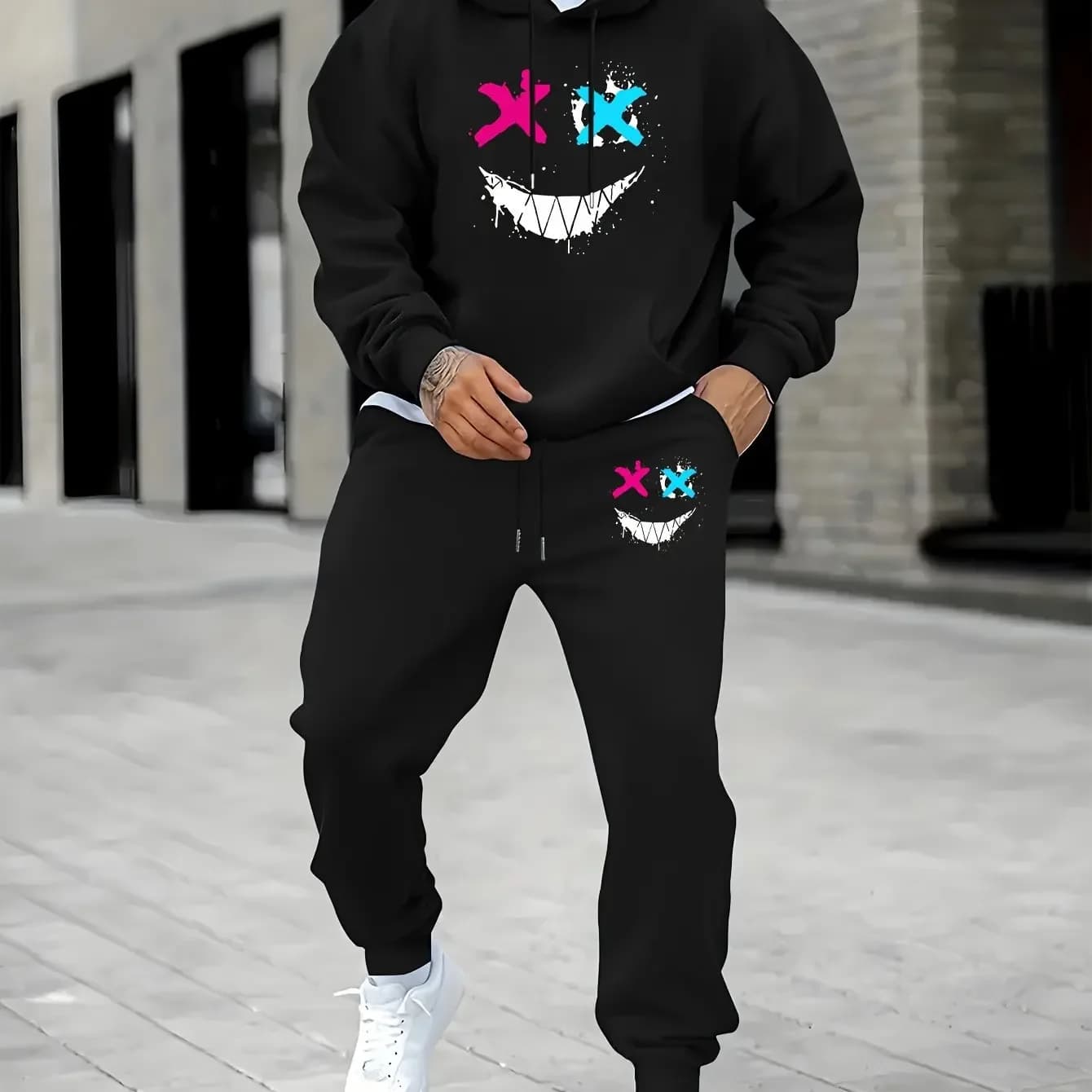 2026 printed sportswear set men's hooded sweatshirt long pants set spring and autumn winter warm suit