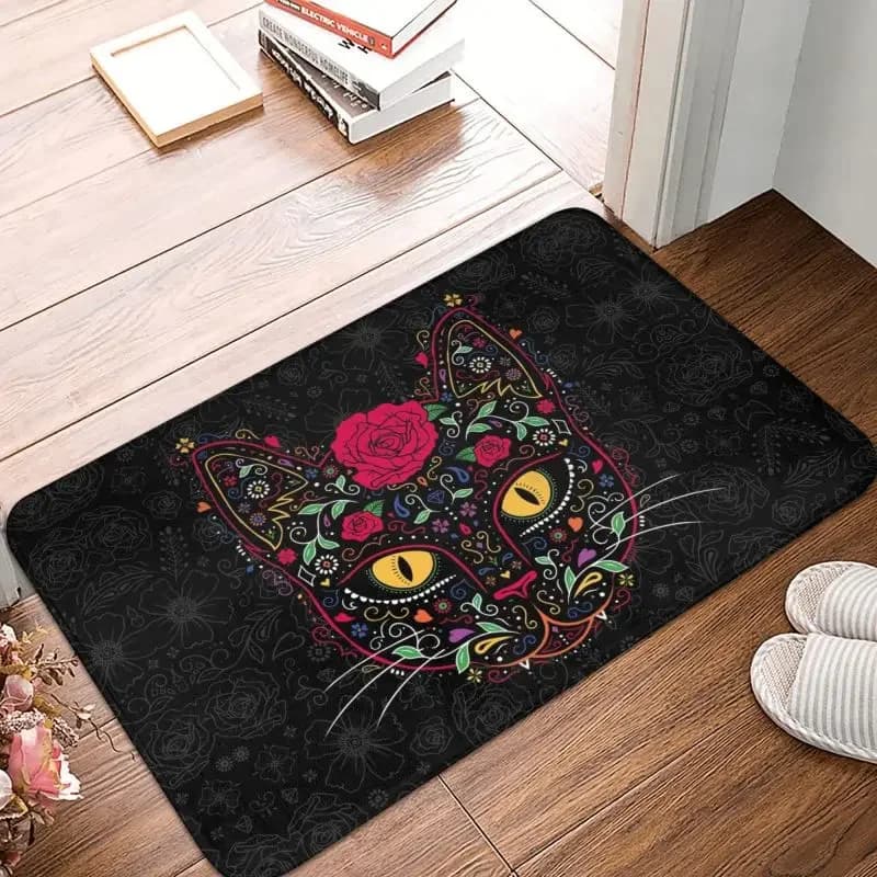 Giorno dei morti gattino gatto zucchero teschio porta del pavimento anteriore tappetini da ingresso esterno messicano Halloween floreale zerbino tappeto da giardino