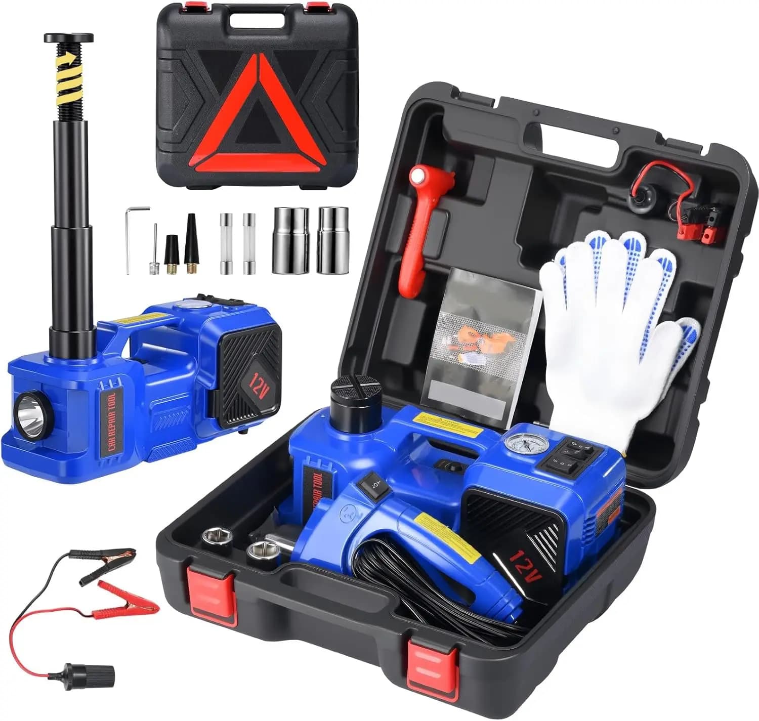 Kit Martinetto Idraulico Elettrico da 5 Tonnellate 12V con Gonfiatore Integrato e Avvitatore a Impulsi per Cambio Pneumatici SUV, Berlina e Camion