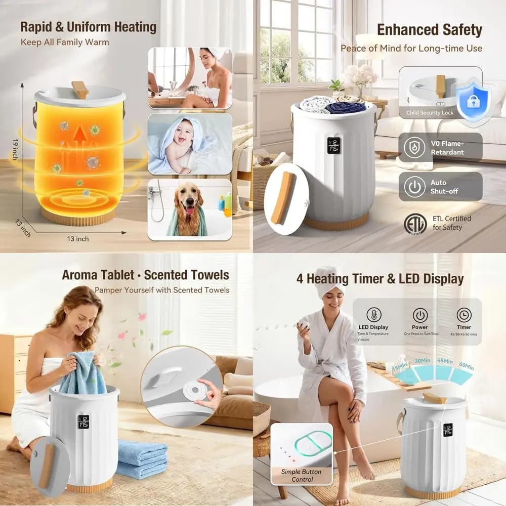Portable Electric Scaldasalviette with LED Display, Automatic Switching, Security Lock, Contains 2 Extra Large Towels, Bathrobes, Covers, Pijamas
