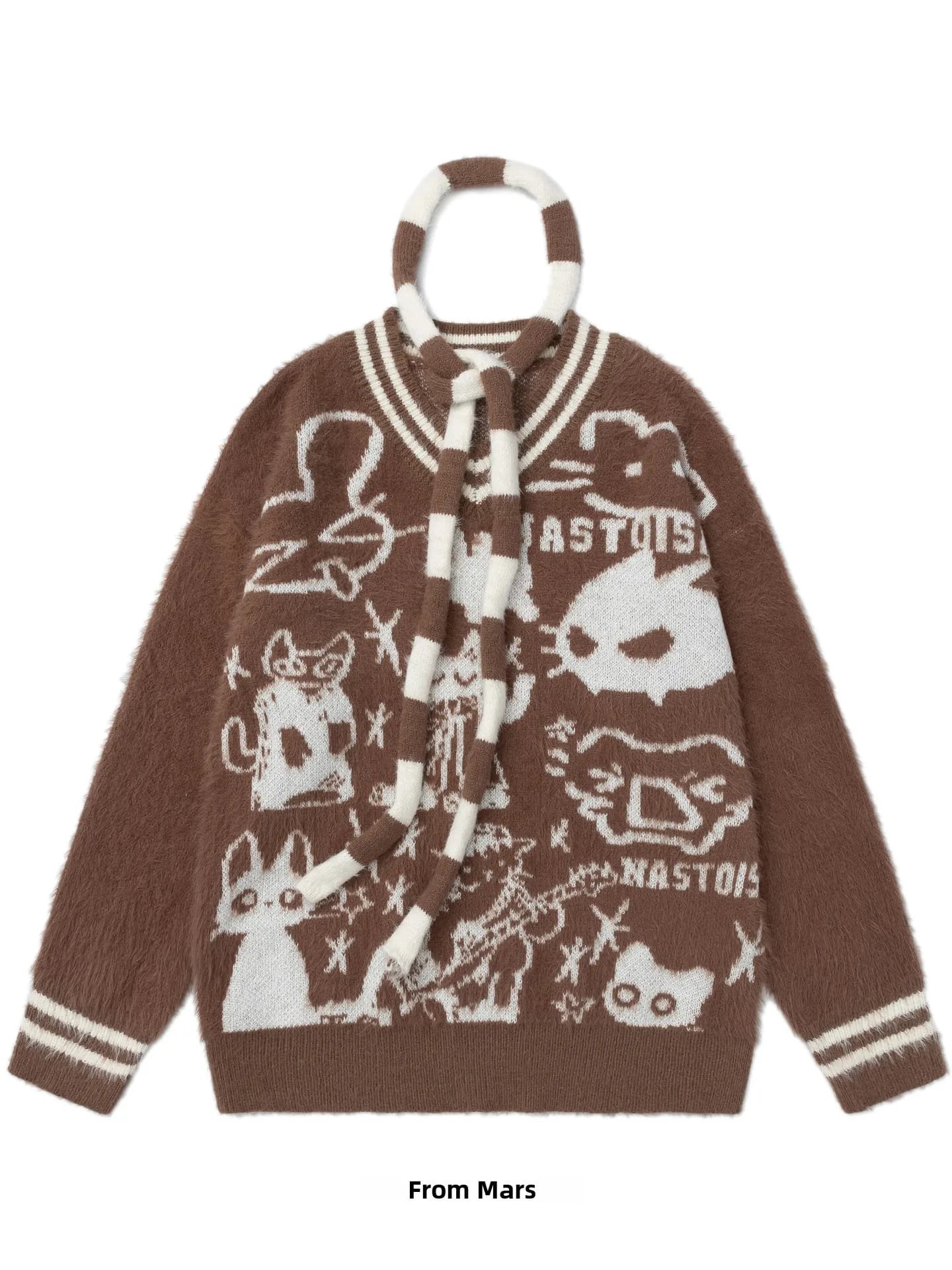 from Street Sle Loose Fit V-Ne Sweater with Color Blo Scarf Cartoon Design Lazy Women's Faion Autumn Winter