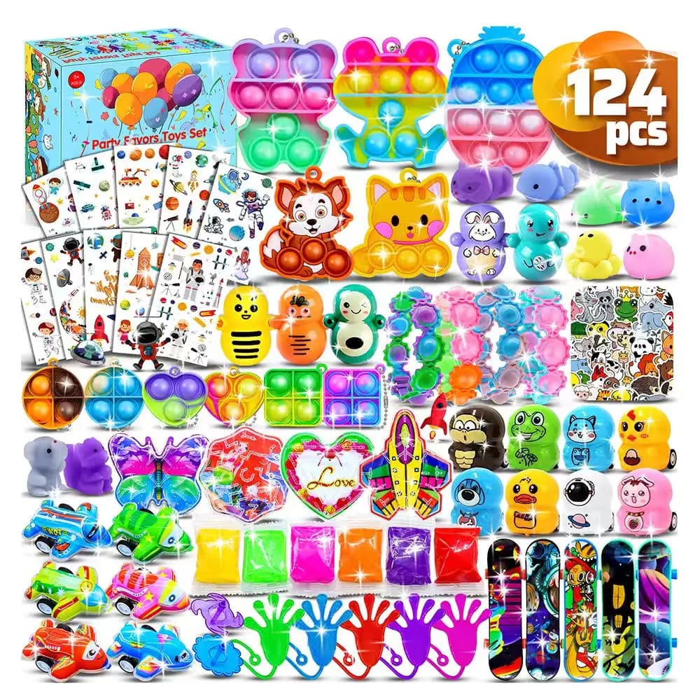 124Pcs Kids Birthday Party Pinata Toys with Snap Bracelets Push Bubble Fidget Filling Prizes Bulk Pack Kids Carnival Gifts
