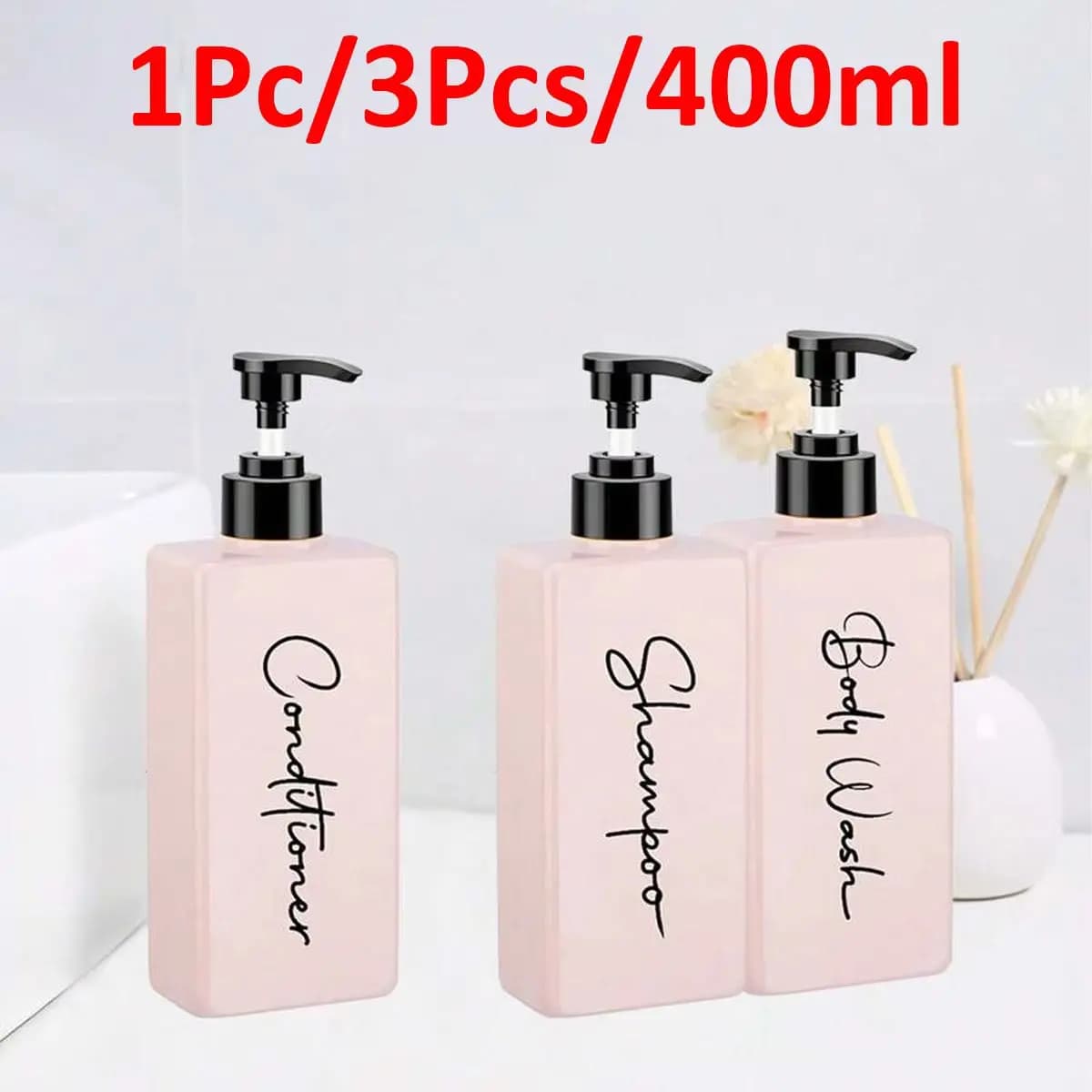 Confezione da 3 dispenser di sapone da 400 ml con testina a pompa ed etichetta impermeabile, ricaricabili per shampoo, balsamo e bagnoschiuma - Rosa