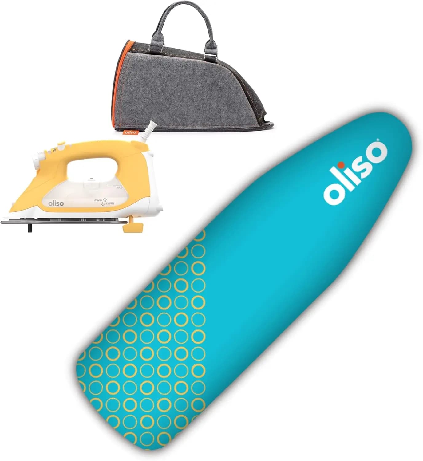 1800-Watt Steam Iron with Auto Lift and Diamond Ceramic-Flow Soleplate - Yellow, Includes Carry Bag for Full-Size Irons and Ironing Board Cover in Turquoise