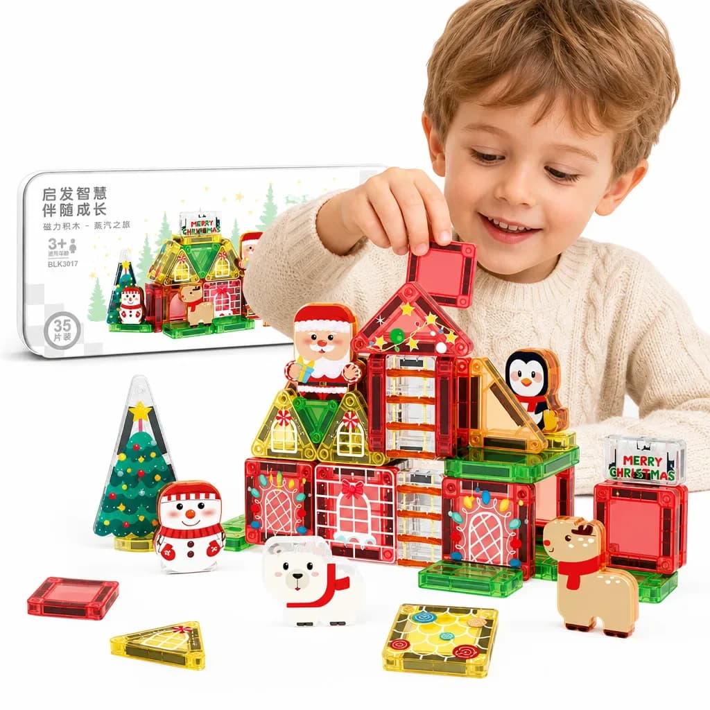 3.75CM Magnetic Tiles Christmas Travel Set With Metal Storage Box Magnet Building Blocks for Toddlers STEM Travel Toys Gift