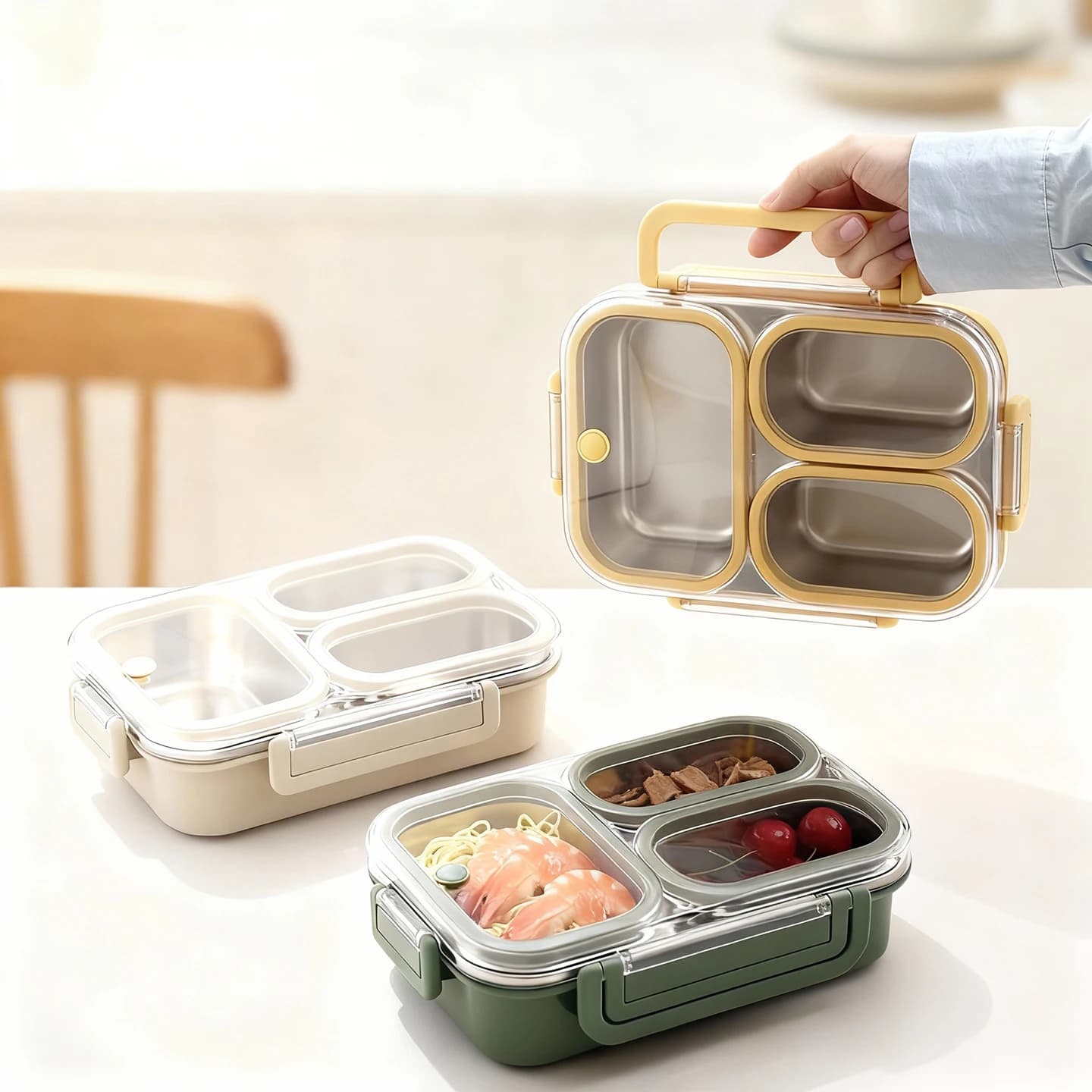 Contenitore per il pranzo in acciaio inossidabile 304 a 3 scomparti per bambini e studenti, contenitore per il pranzo portatile a prova di perdite con manico, adatto al microonde