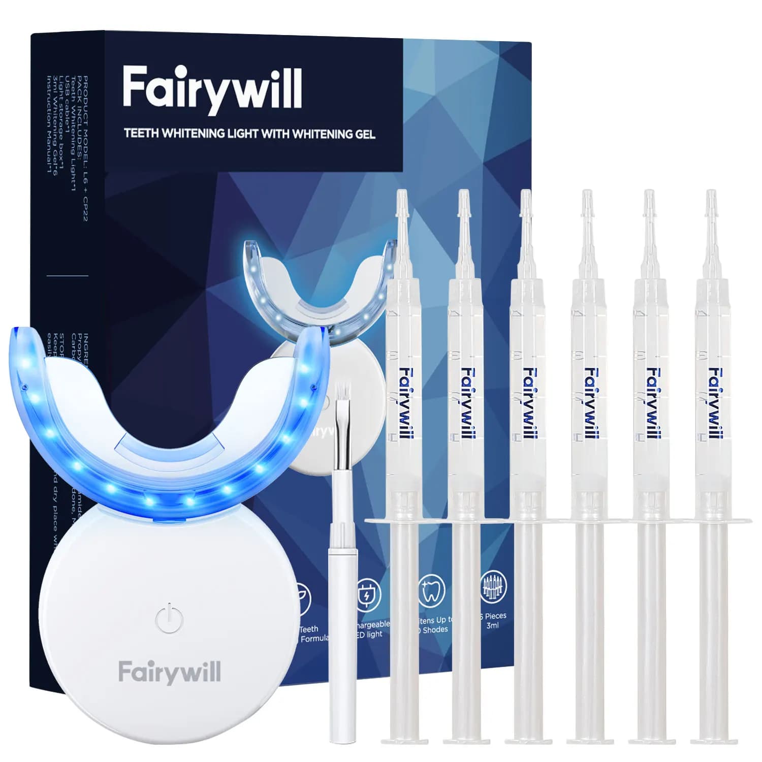 Fairywill Teeth whitening kit LED light with 22% teeth whitening light 6 tooth whitening gel with caramide peroxide for sensitive teeth