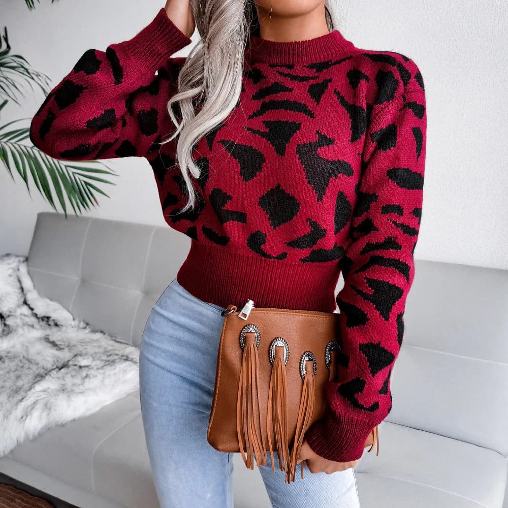Autumn Winter Contrast Color Leopard Pattern Sweater for Women 2026 Casual Round Neck Long Sleeve Knitted Pullover Red Khaki Top