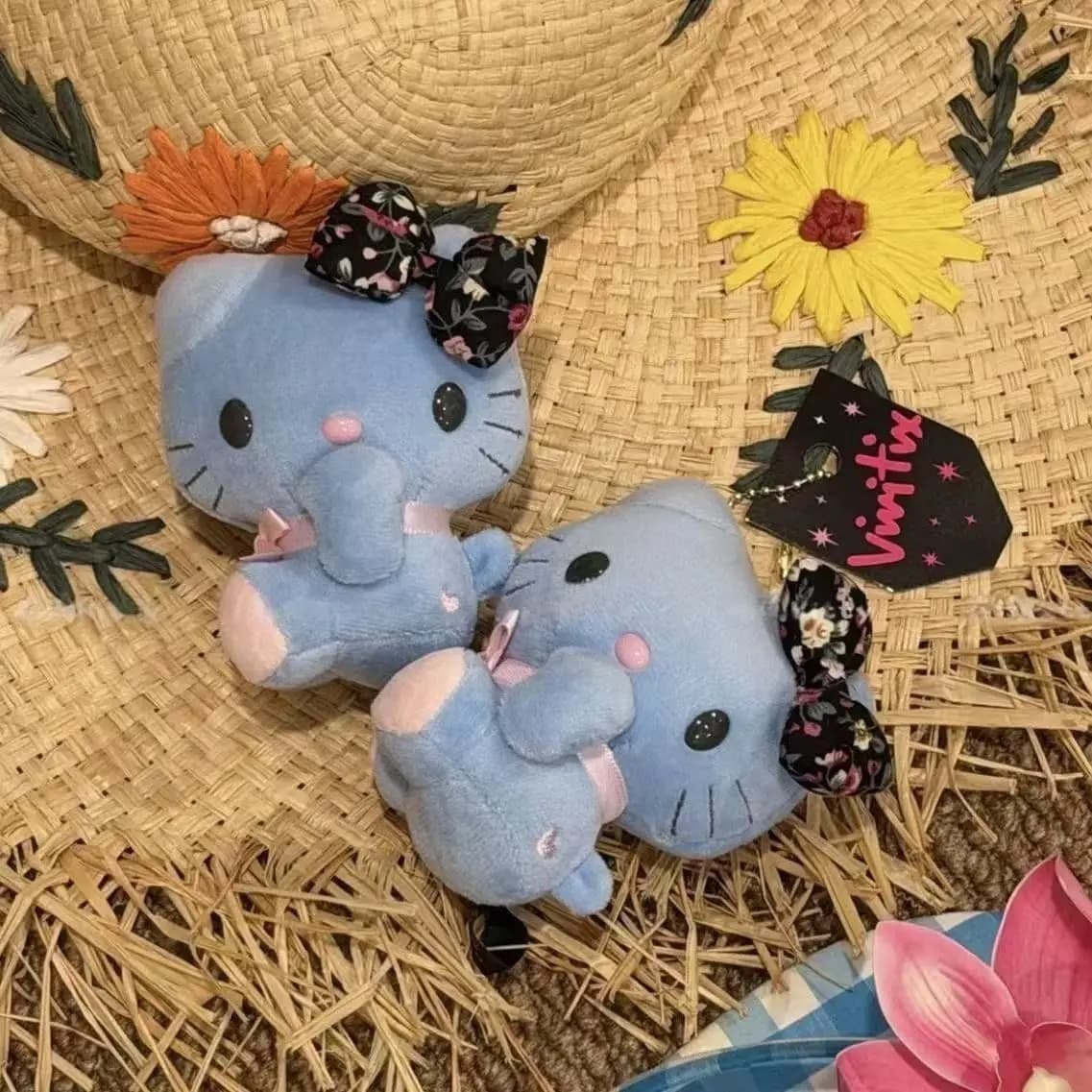 Blue Hello Kitty Floral Print Bowknot Side Sitting Posture Plush Stuffed Toy Keychain Backpack Pendant Holiday Gifts for Student