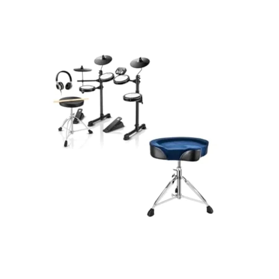 Set di batteria elettronica DED-80 con 4 pad in rete silenziosi e sgabello per batteria rinforzato stile moto allargato con rivestimento in velluto blu