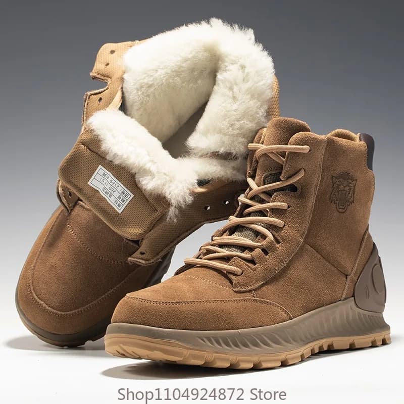 Stivali da neve invernali da uomo in pelliccia con lacci alti e spessi scarpe di lana calde da uomo in pelle scamosciata di mucca da trekking stivaletti casual per giovani