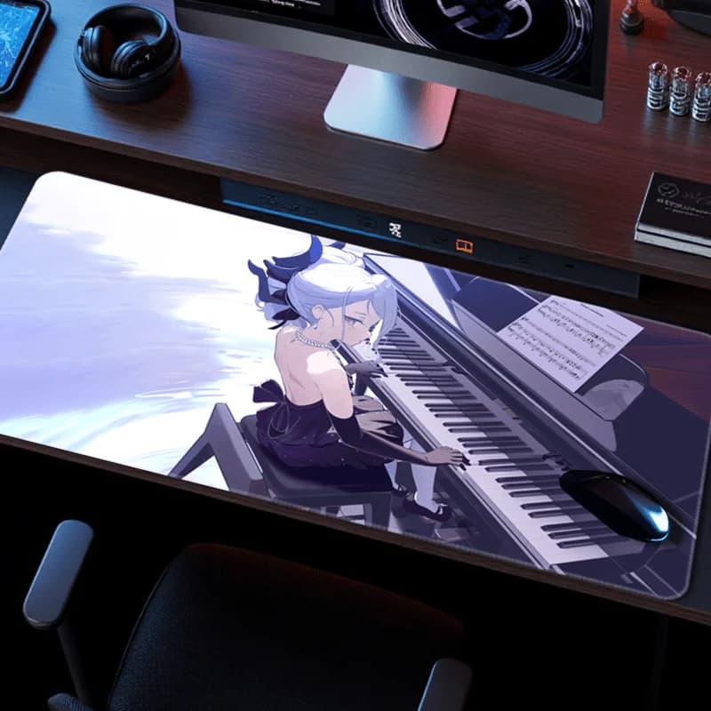 XXL Piano Music Anime Girl Mouse Pad, Silvery Purple HD Print, Non-slip Rubber Extended Desk Pad for Gaming Office